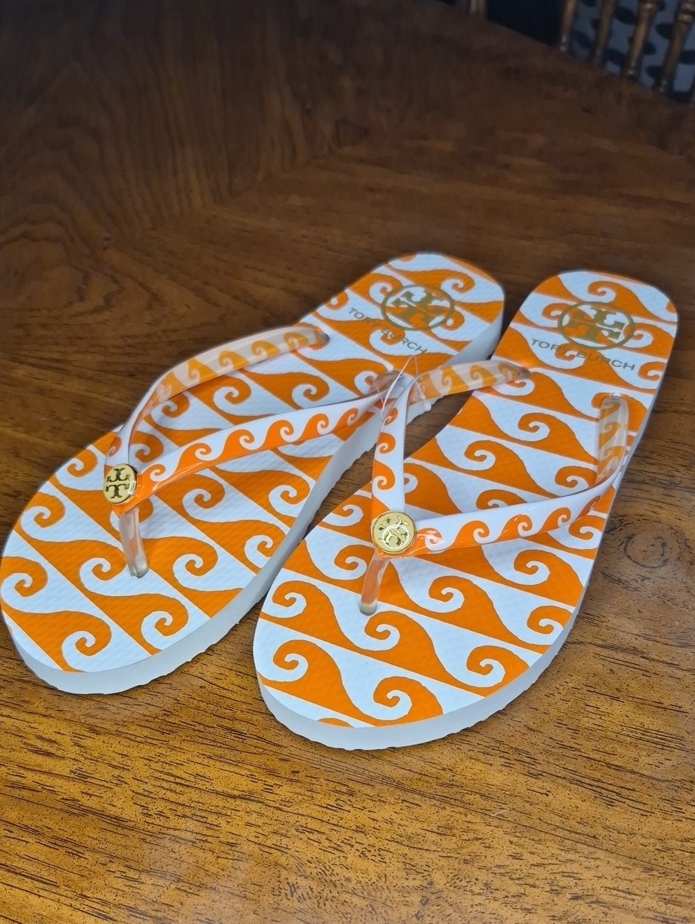 Tory Burch Orange & White Wave-Print Flip Flops